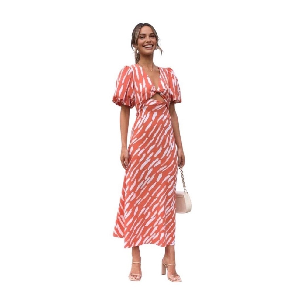 Commense Midi Dress Womens 4 Orange White Abstract Twist Front Puff Sleeve